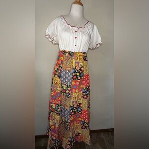 Vintage 60s 70s Peasant Top Maxi Dress Hippie Floral Patchwork Print.